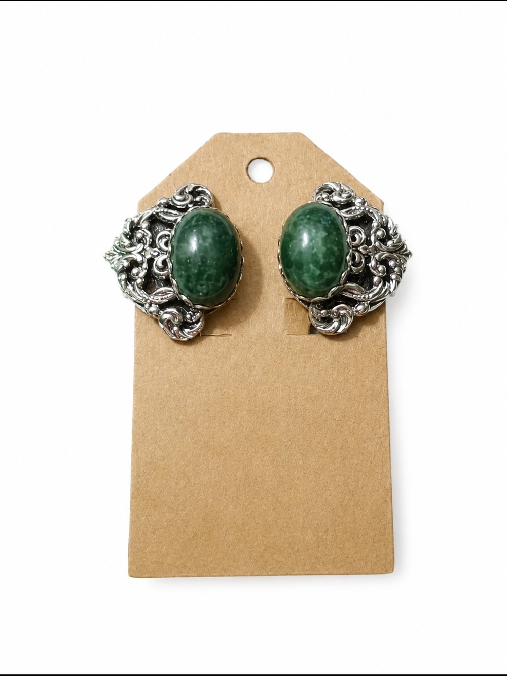 Green Stone Silver-Tone Filigree Clip Earrings